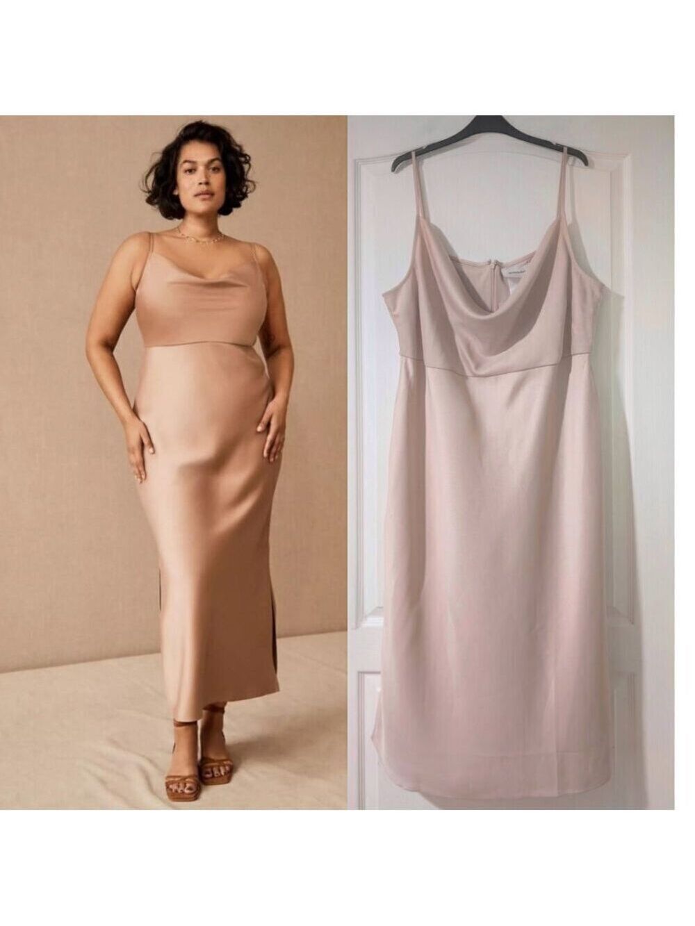 BHLDN | Cali Satin Cowl-Neck Midi Slip Dress In Blush Pink